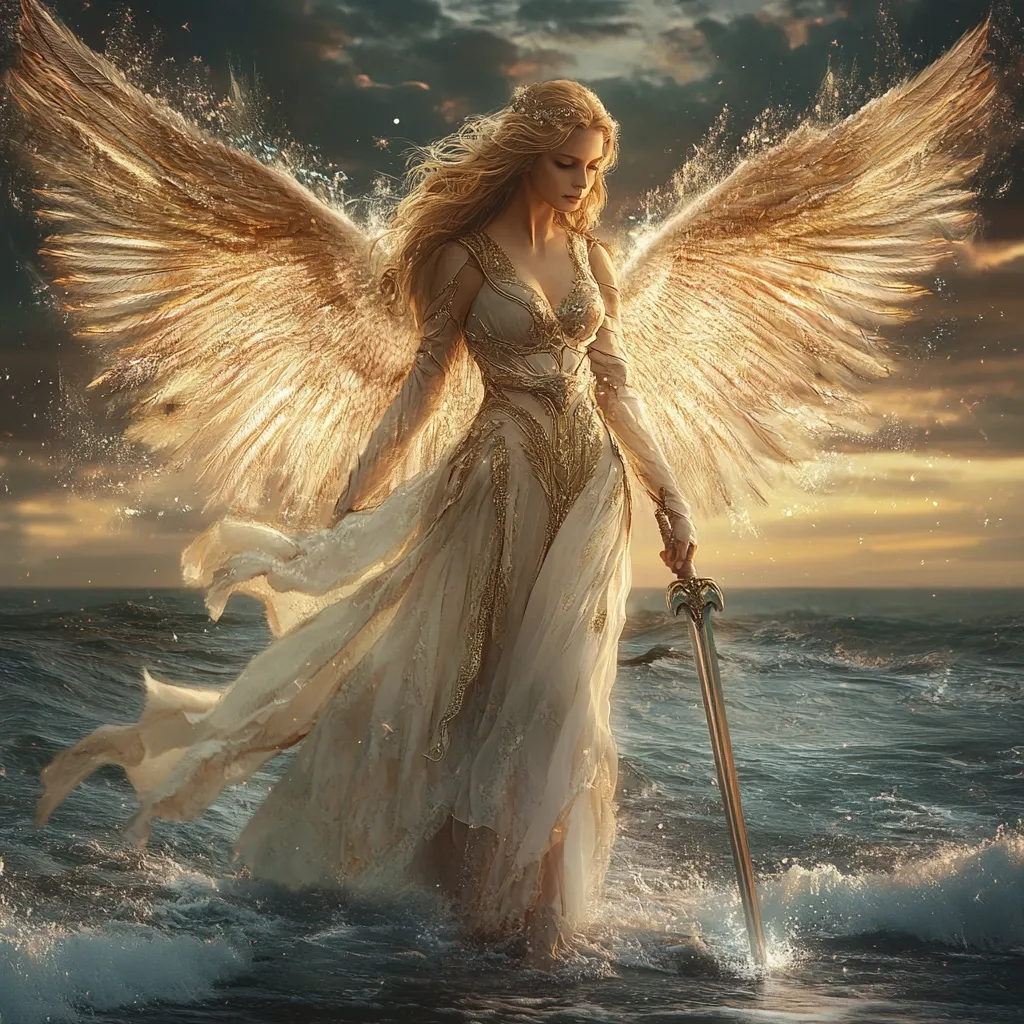 A breathtaking digital painting depicts a celestial being, an angel or goddess, with large, golden wings. She's adorned in a flowing, cream-colored gown embellished with gold, holding a sword as she emerges from the ocean. The setting sun casts a warm glow on the scene, enhancing the ethereal beauty and creating a dramatic, fantasy-like atmosphere.  The waves gently lap around her feet, adding a sense of tranquility amidst the power she exudes.