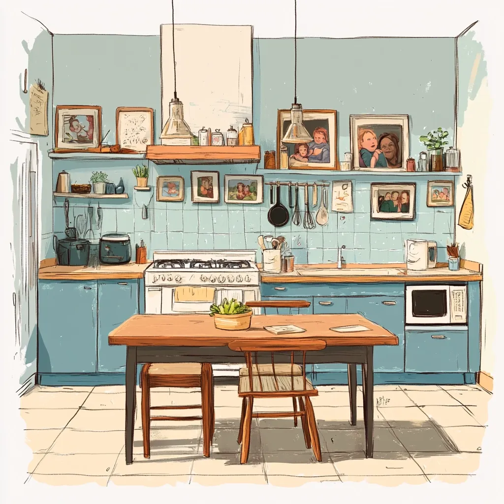 A charming illustration depicts a cozy kitchen with light blue cabinets and a wooden table.  Family photos adorn the walls, adding a personal touch.  The kitchen is well-equipped with a stove, microwave, and various cooking utensils.  Sunlight streams into the room, highlighting the warm atmosphere of the space.  The overall style is reminiscent of a hand-drawn sketch with soft colors and a relaxed feel.