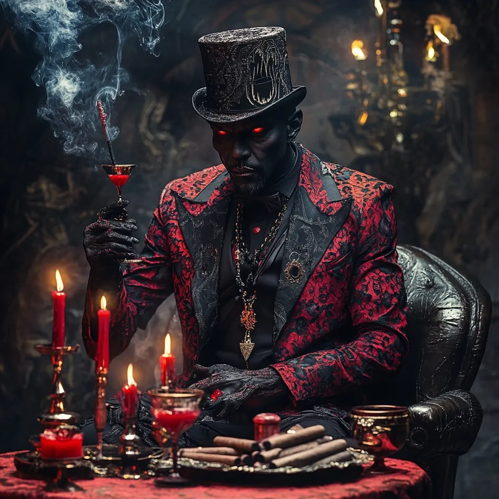 A dark-skinned man, his eyes glowing red, is depicted in a dramatic, gothic setting.  He's dressed in a red and black brocade tuxedo and top hat, holding a glass of what appears to be blood.  He sits at a table adorned with candles, ornate metalwork, and rolled papers, creating an atmosphere of occult ritual or dark fantasy.  The overall tone is mysterious and sinister.