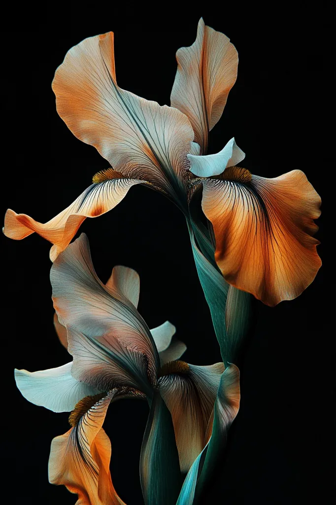 Two iris blossoms, intricately detailed, dominate the frame against a stark black background.  Their petals display a gradient of soft peach and muted teal, highlighted by delicate, visible veins. The stems are a deep teal-green, creating a striking contrast with the warm tones of the flowers. The image focuses on the texture and subtle color variations of the blooms, emphasizing their elegant form.