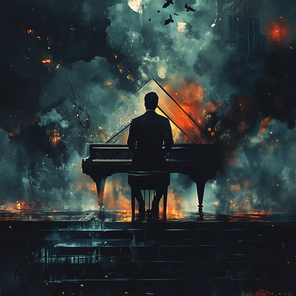 A lone figure sits at a grand piano, their back to the viewer.  The background is a dramatic, fiery, smoky landscape, with birds in flight silhouetted against the turbulent sky. The scene is dark and moody, conveying a sense of isolation and perhaps impending doom, contrasting the quiet dignity of the pianist.  The overall style is painterly and evocative.