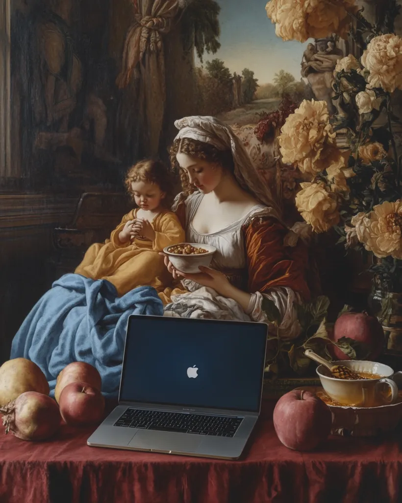 A Baroque-style painting of a mother and child, dressed in rich fabrics, sharing a bowl of food, is juxtaposed with a modern Apple MacBook laptop on a table laden with fruit.  The serene scene of the mother tenderly feeding her child is contrasted by the sleek technology, creating a striking visual blend of eras.  The overall palette is warm and muted, with the rich colors of the painting complementing the metallic laptop.
