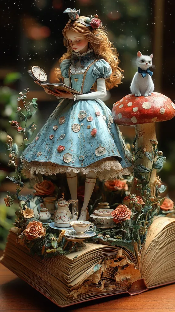 A meticulously crafted Alice in Wonderland-themed diorama features a porcelain doll, dressed in a blue and white dress, seated atop an antique book.  She holds a pocket watch and book, surrounded by miniature teacups, a teapot, and roses. A white cat sits on a mushroom nearby, completing the whimsical scene. The detailed artistry and use of texture create a magical, enchanting effect.