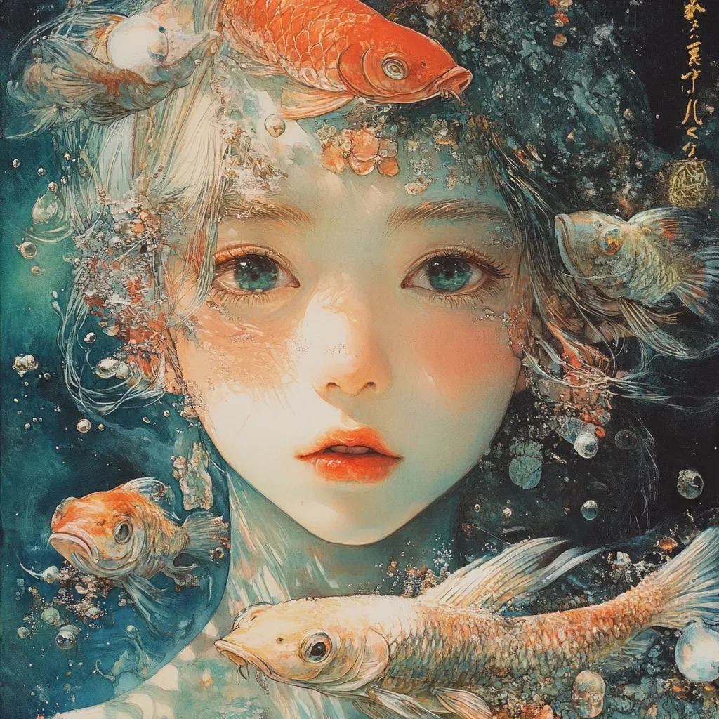 A dreamy, ethereal painting depicts a young woman's face, partially submerged in water.  Her pale skin is illuminated, her large eyes captivating.  Surrounding her are vibrant, orange koi fish, their scales shimmering.  The overall style is soft and painterly, with a focus on light and texture, creating a serene and magical underwater scene.