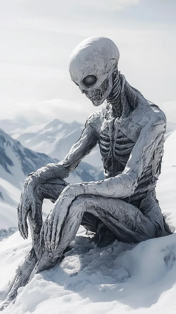 A grayscale image depicts a skeletal, alien-like figure sitting in the snow atop a mountain range.  Its elongated head and visible ribcage suggest a creature of otherworldly origin. The figure's posture conveys a sense of weariness or contemplation against the stark, snowy backdrop.  The contrast between the smooth snow and the rough texture of the figure creates a visually striking image.