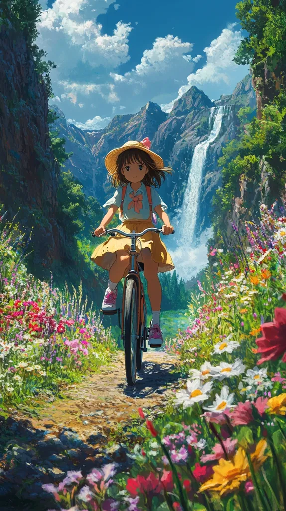 A young girl with short brown hair, wearing a yellow skirt and straw hat, rides a bicycle along a path. Vibrant wildflowers line the path, leading towards a majestic waterfall cascading down a mountain range under a bright, sunny sky. The scene is idyllic and peaceful, evoking a sense of carefree adventure in a beautiful natural setting.