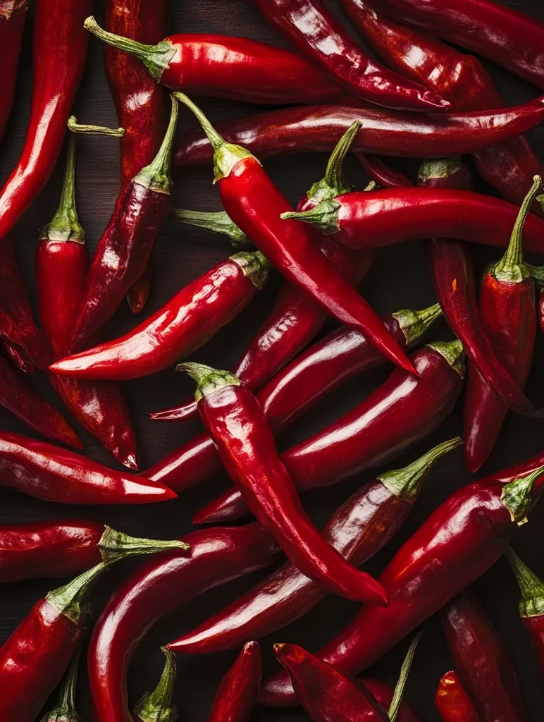 A vibrant close-up captures a profusion of glistening red chili peppers, densely clustered together. Their rich, dark red hues and glossy surfaces are accentuated by the dark background, creating a striking visual contrast. The peppers, varying slightly in size and shape, are arranged in an overlapping pattern, their stems adding textural interest to the composition.  The overall impression is one of intense color and spicy heat.