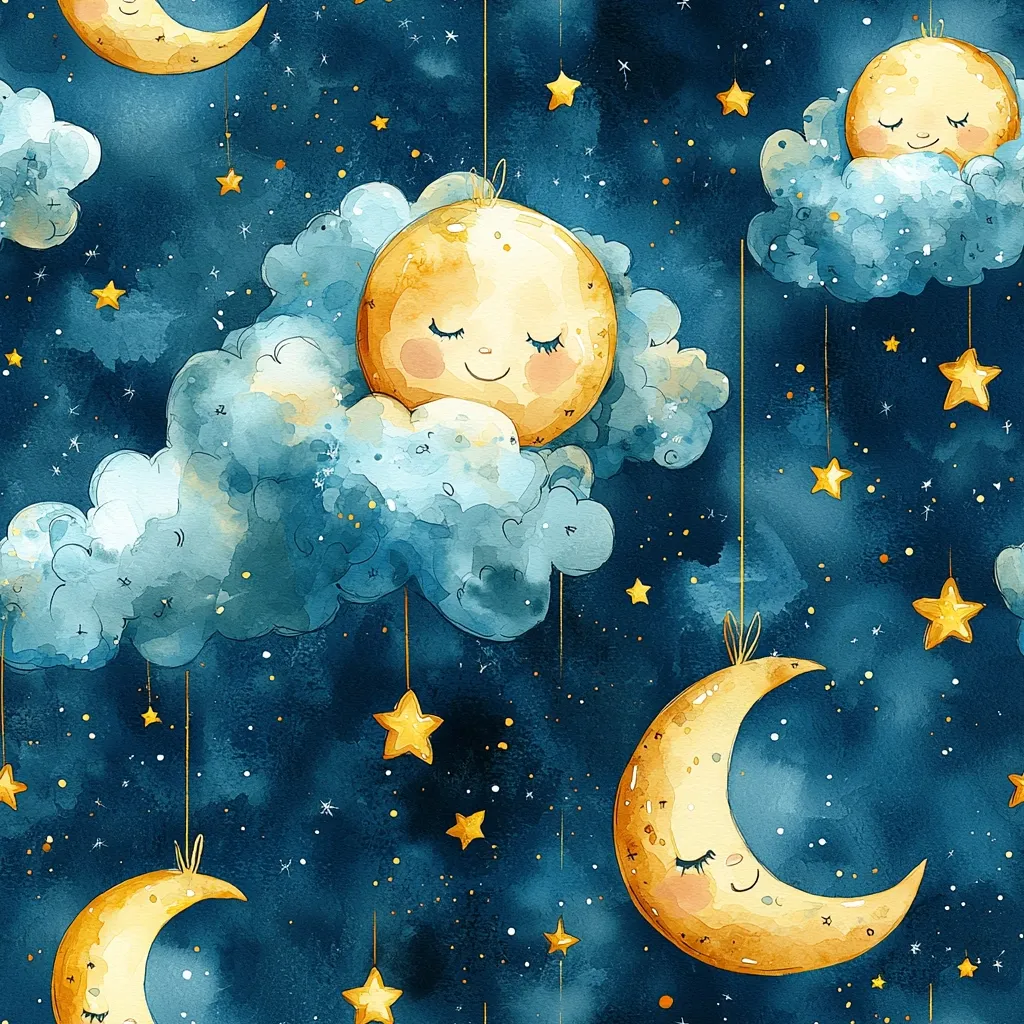 A whimsical watercolor pattern depicts smiling moons and stars nestled in fluffy clouds against a dark blue night sky.  The celestial bodies are rendered in soft yellows and oranges, contrasting beautifully with the cool blues and teals of the background.  Each moon and cloud hangs delicately from a string, creating a charming, dreamlike effect, perfect for children's textiles or nursery decor.