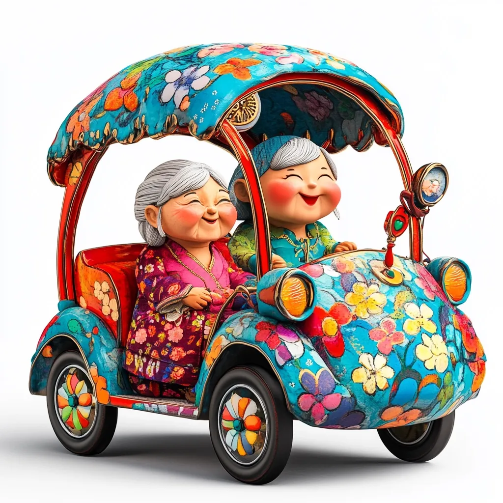 Two cheerful elderly Asian women are depicted joyfully riding in a vibrant, whimsical car. The car is painted with colorful flowers and has a decorative canopy.  The women are smiling broadly, dressed in patterned clothing. The scene is cheerful and whimsical, suggesting happiness and carefree enjoyment.