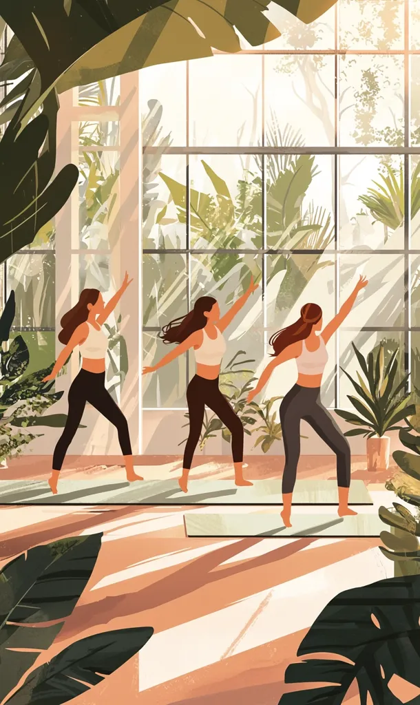 Three women perform a synchronized yoga pose in a sunlit conservatory.  Large windows showcase lush tropical foliage.  The women wear matching athletic attire, their movements graceful against the backdrop of vibrant greenery.  The overall aesthetic is serene and peaceful, emphasizing the connection between nature and physical well-being.