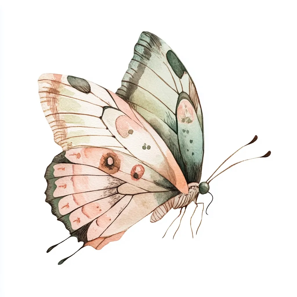 A watercolor painting of a butterfly showcases delicate wings in soft peach, sage green, and taupe hues.  Intricate details and subtle color variations are visible on the wings, creating a gentle, almost ethereal effect. The butterfly is depicted in profile, its antennae extended, against a clean white background.  The style is artistic and evokes a sense of calm.