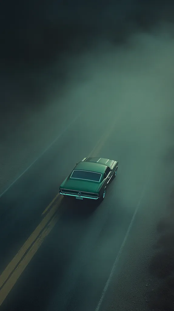 A dark green classic muscle car drives down a two-lane highway shrouded in fog.  The vehicle is centered in the frame, moving away from the viewer.  The scene is atmospheric and moody, with the fog adding a sense of mystery and isolation to the image.  The road markings are faintly visible through the mist.