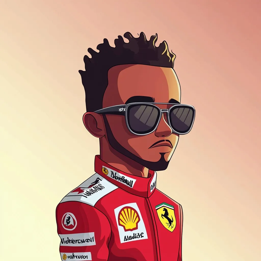 A stylized cartoon portrait of Lewis Hamilton, a Formula 1 driver. He's depicted wearing a red Ferrari racing suit adorned with sponsor logos, dark sunglasses, and a goatee.  His short, curly hair and serious expression add to the image's bold and graphic style. The background is a simple, muted peach tone that allows the vibrant red of his racing suit to stand out.