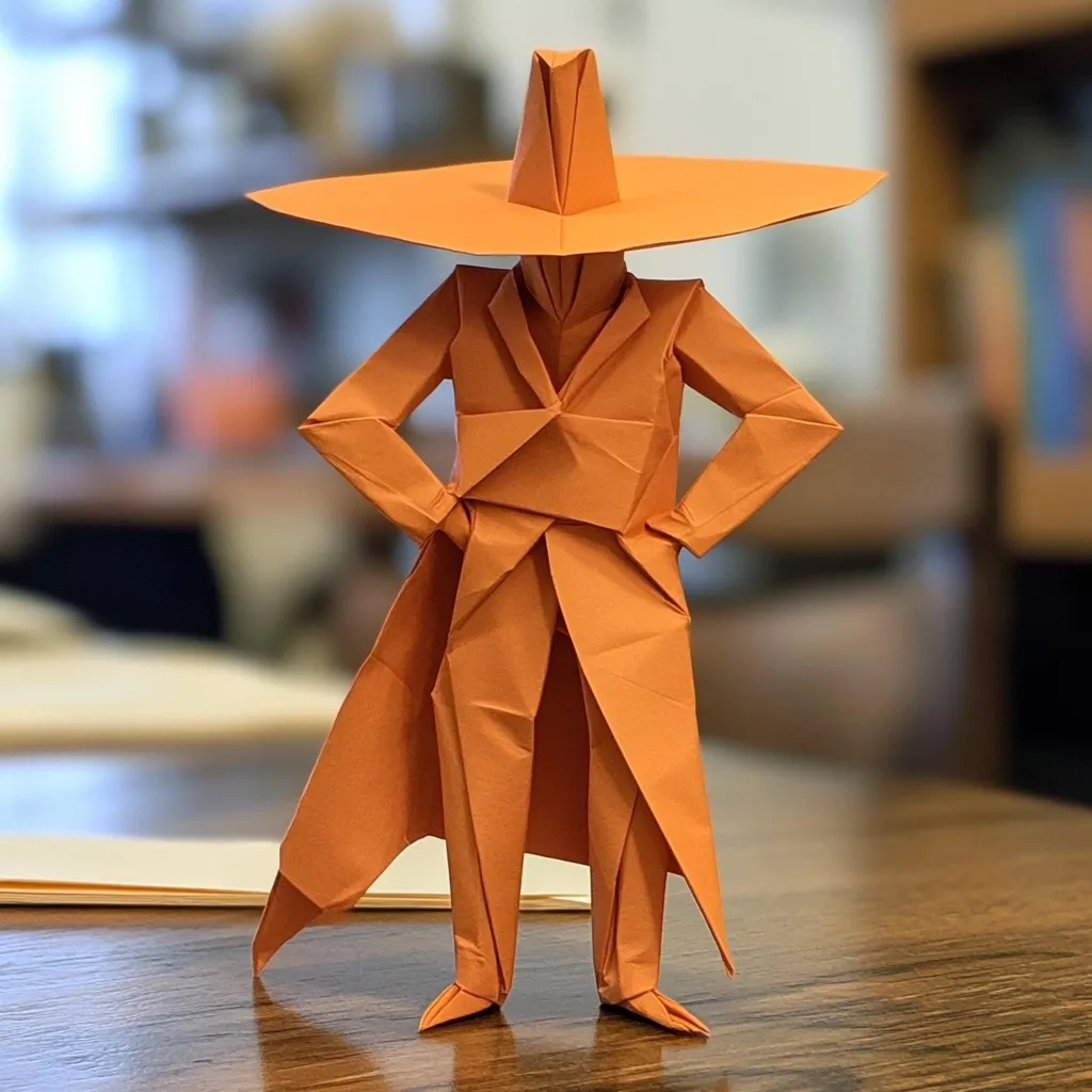 A meticulously folded origami figure stands proudly on a wooden surface.  Clad in an orange coat and wide-brimmed hat, the figure's hands rest on its hips, suggesting a confident posture.  The intricate folds create a three-dimensional effect, showcasing the skill of the artist.  The background is blurred, focusing attention on the detailed origami creation.