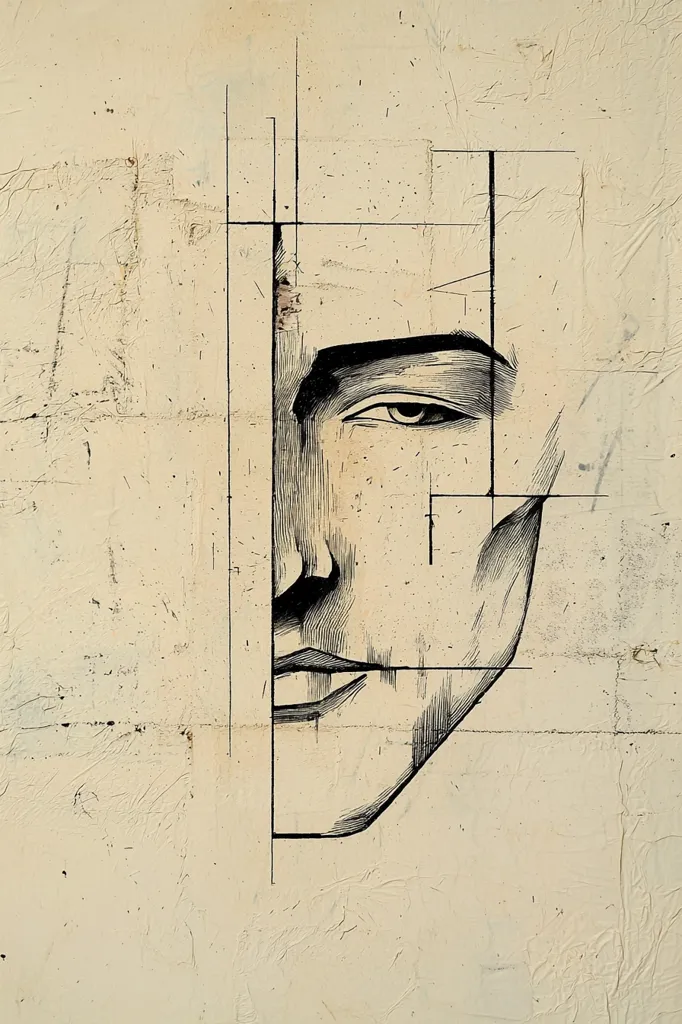 A monochromatic drawing of a man's face, rendered in ink on a textured, off-white background.  The artwork utilizes geometric lines that partially overlay the face, suggesting a construction or blueprint-like approach to portraiture. The man's expression is serious, his gaze directed to the viewer. The textured background adds depth and a sense of age or decay to the piece.