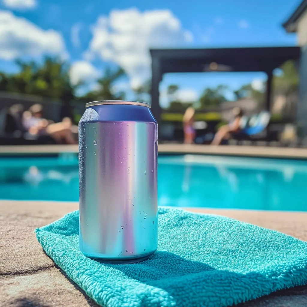 A shimmering iridescent aluminum can rests on a teal beach towel beside a sparkling blue swimming pool.  The background is softly blurred, showing people relaxing around the pool on a sunny day.  The scene evokes a feeling of summer relaxation and refreshment.