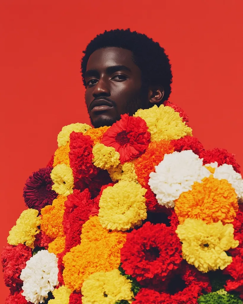 A young Black man with a short afro stares intensely at the camera. He is adorned in a vibrant, voluminous cloak composed entirely of multicolored marigolds and other flowers in shades of red, yellow, and white. The bold floral arrangement contrasts sharply against the solid red background. The overall image is striking and visually arresting.