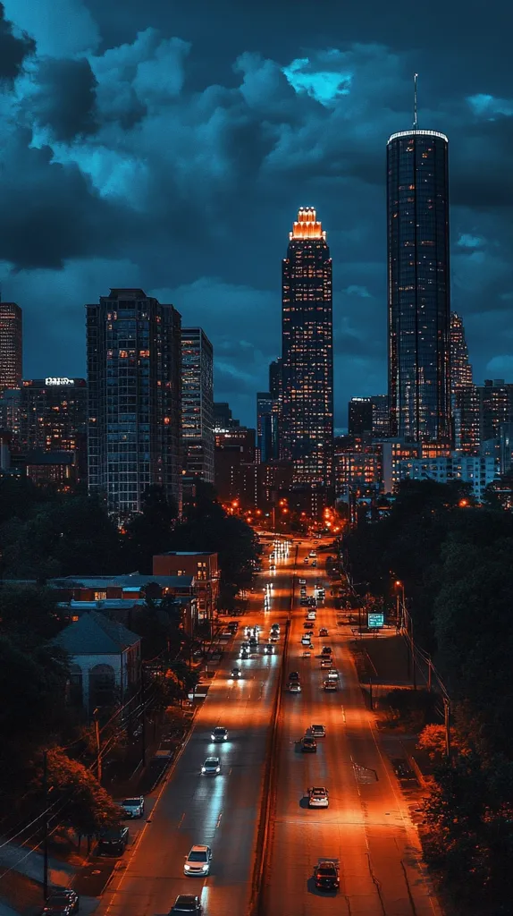 A captivating nighttime cityscape, possibly Atlanta, Georgia, is showcased.  A long, illuminated highway cuts through the scene, flanked by skyscrapers and lush greenery.  The dramatic, dark blue sky is punctuated by glowing clouds, creating a vibrant contrast with the warm orange streetlights below.  Tall buildings, including a prominent skyscraper, stand tall against the evening sky, their lights twinkling. The overall image evokes a sense of urban energy and tranquility.