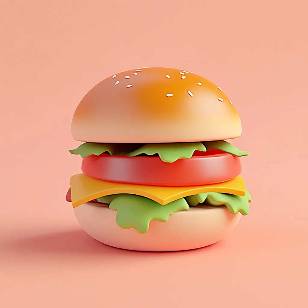 A stylized 3D rendering of a hamburger against a peach-colored background. The burger features a sesame seed bun, lettuce, tomato, and a slice of cheese.  The rendering is smooth and cartoonish, emphasizing the bright colors and simple shapes of each ingredient. The overall effect is playful and appetizing.