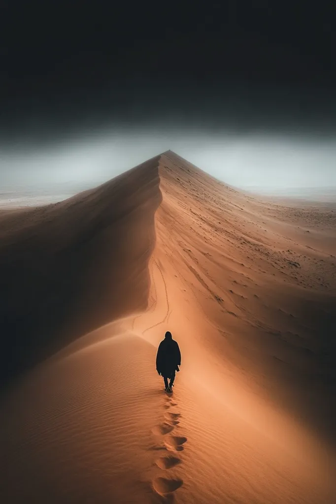 A solitary figure, cloaked in dark attire, ascends a towering sand dune. The dune's crest stretches towards a brooding, dark sky. Footprints mark the lone path, emphasizing the vastness of the desert landscape.  The scene is one of isolation and contemplation under a dramatic sky. The sand is a rich, warm orange.