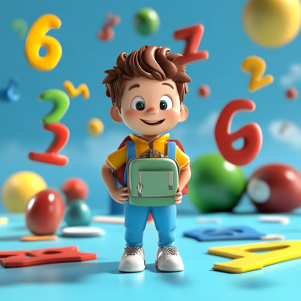 A cheerful, cartoon boy stands proudly with a small backpack, surrounded by colorful floating numbers and balls.  He's dressed in blue pants and a yellow shirt, ready for school. The vibrant scene is playful and suggests the excitement of learning and early childhood education.  The overall tone is bright and optimistic.