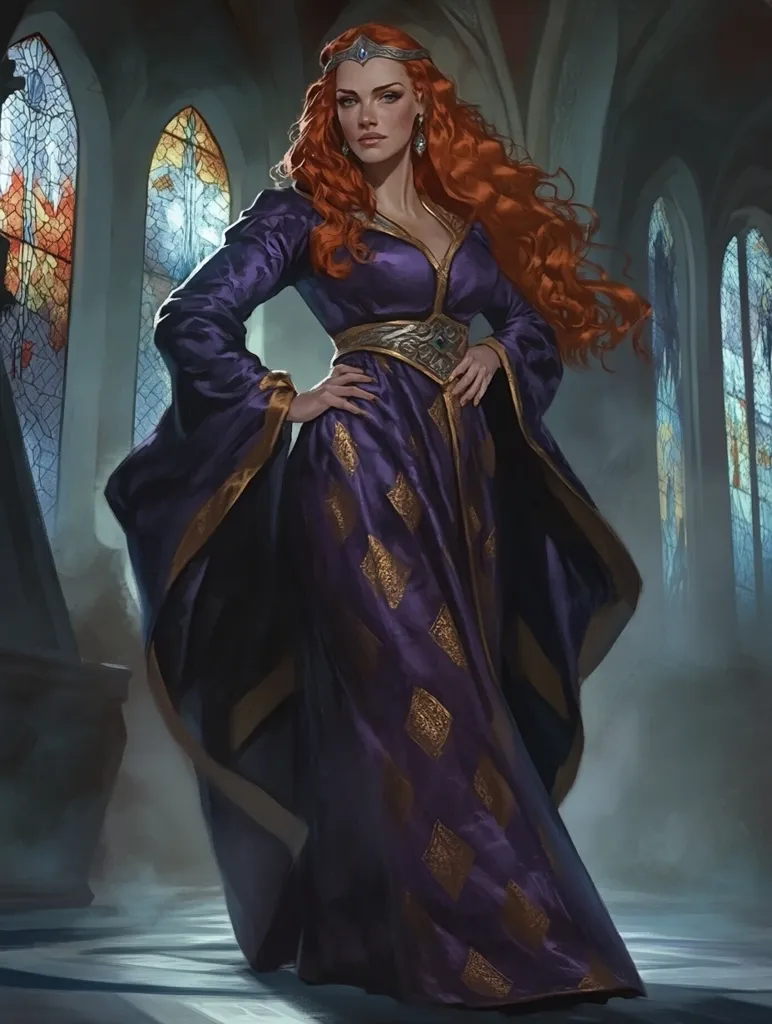 A regal woman with fiery red hair, adorned in a rich purple gown embellished with gold detailing, stands confidently within a dimly lit cathedral.  Her crown glints subtly, and her hands rest elegantly on her waist. The stained-glass windows cast a muted light, enhancing the dramatic atmosphere.  She projects an air of power and grace.