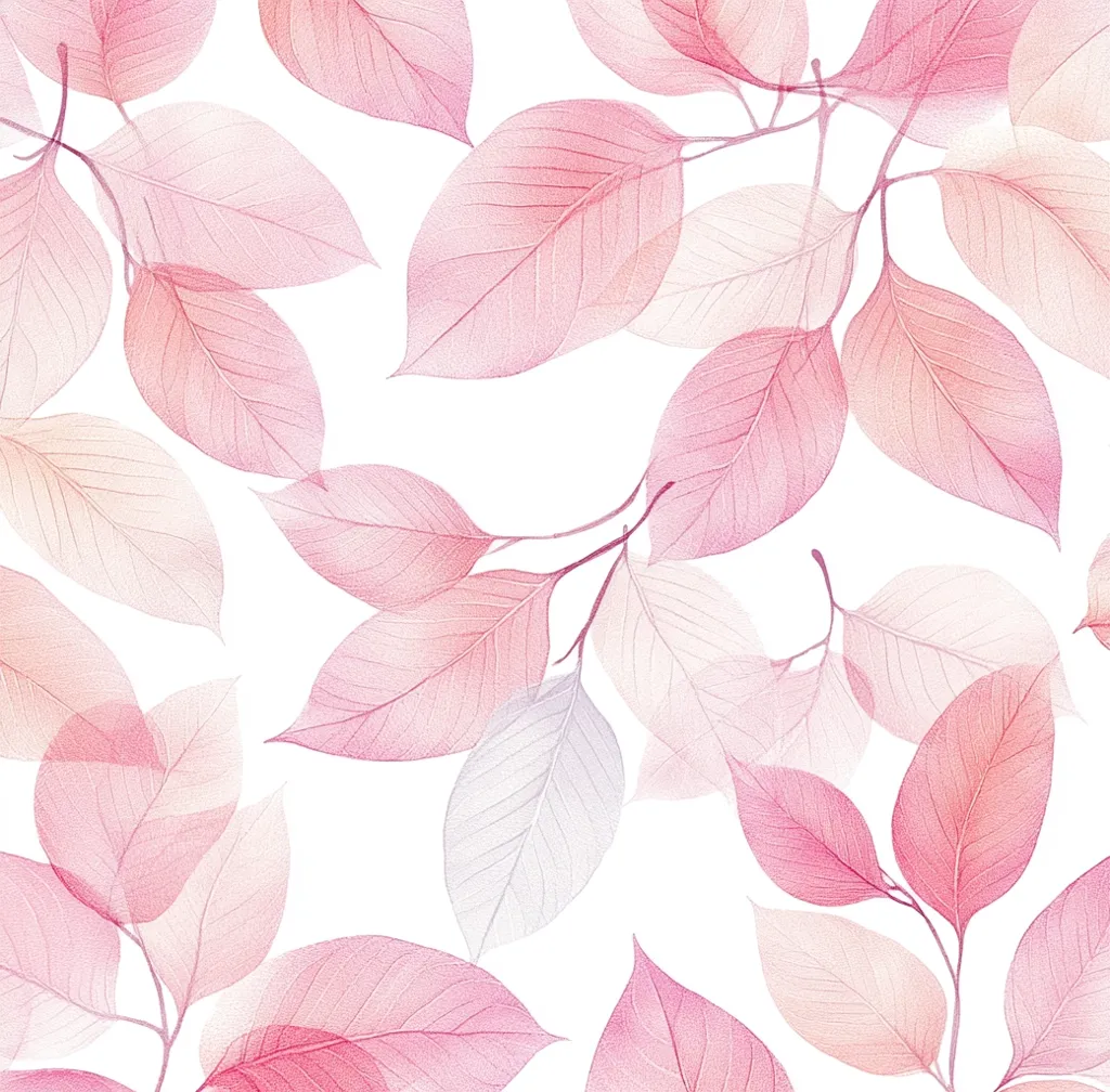 A seamless pattern featuring delicate, translucent pink leaves on a white background.  The leaves are rendered in watercolor style, with varying shades of pink and peach, creating a soft, ethereal effect.  The leaves overlap and intertwine, suggesting a gentle breeze.  The overall impression is one of airy elegance and subtle beauty.