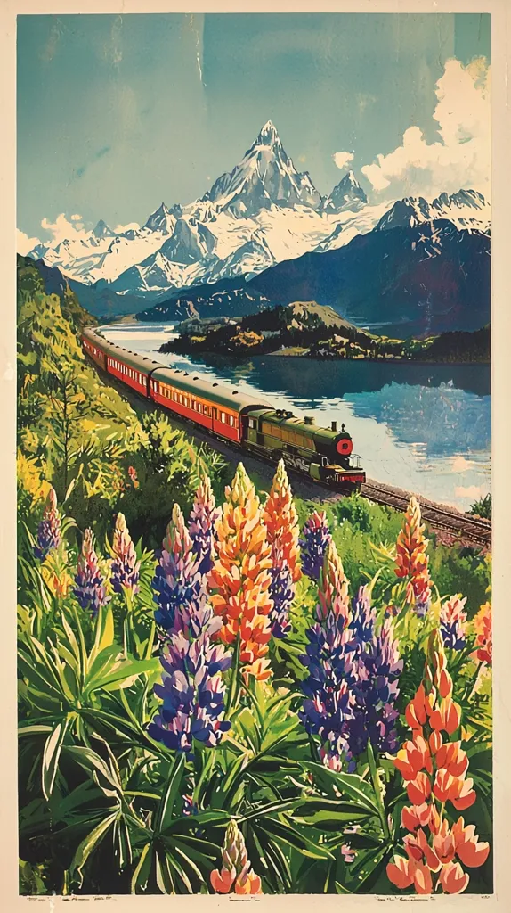 A vibrant travel poster depicts a train journey through a breathtaking landscape.  A long passenger train chugs along a track beside a serene lake, with a majestic snow-capped mountain range forming a stunning backdrop.  Lush, colorful lupine flowers in the foreground add a touch of vibrancy to the scene, showcasing the beauty of nature alongside the thrill of travel. The poster evokes a sense of adventure and scenic exploration.