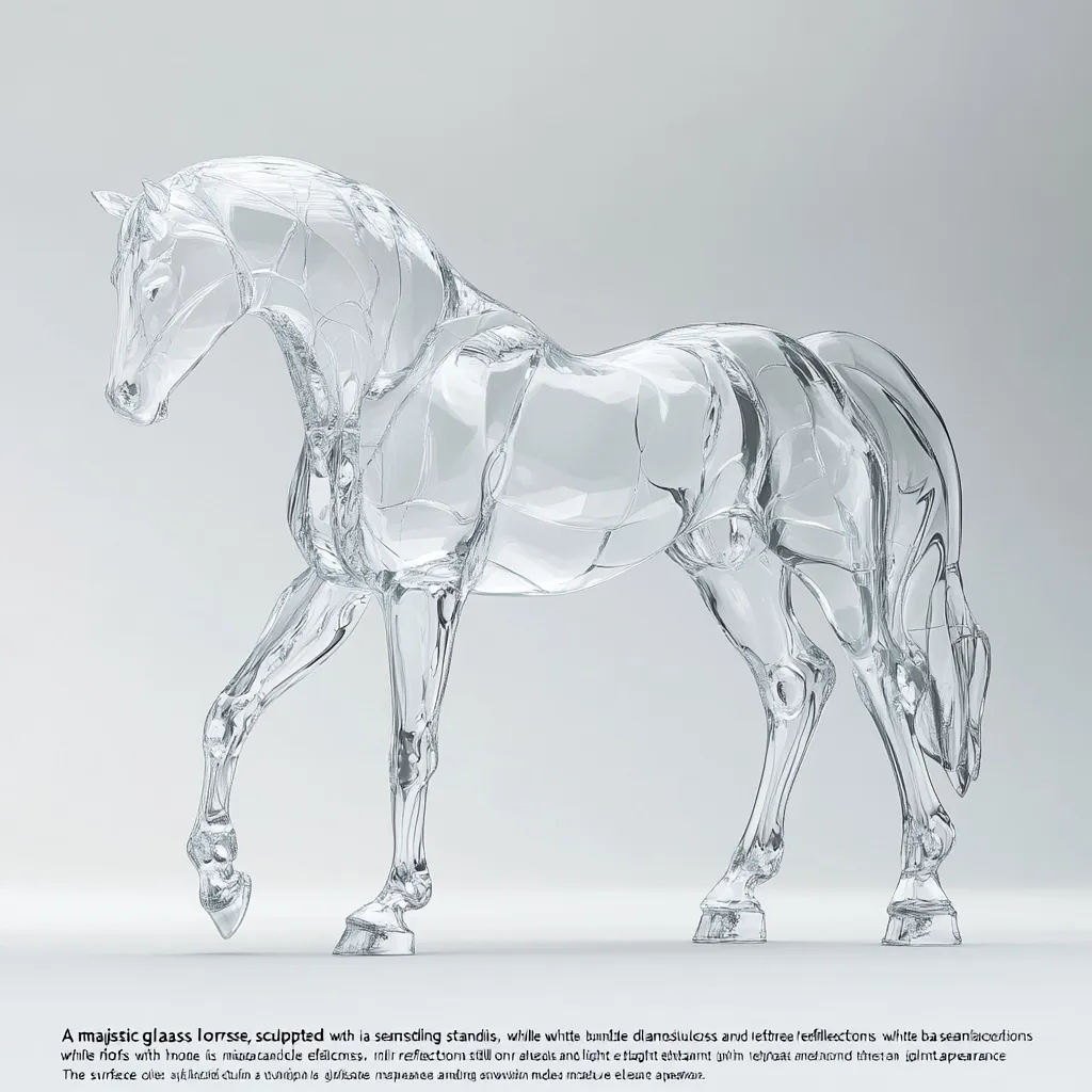 A majestic glass horse sculpture stands, its transparent form showcasing intricate detail.  Subtle light refractions within the glass create an elegant, almost ethereal appearance.  The horse's pose is poised and graceful, highlighting the artistry of the piece.  The sculpture's clarity and minimalist design make it a striking work of art.