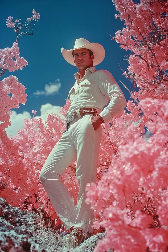 A cowboy in a white hat and outfit stands amidst vibrantly pink flowering trees under a bright blue sky.  The image is likely infrared photography, resulting in the unusual color palette. He is positioned three-quarters, hand in pocket, conveying a sense of relaxed confidence against the surreal backdrop.  The scene evokes a stylized Western aesthetic.