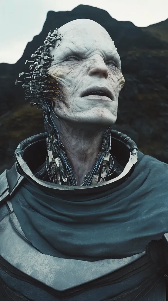 Close-up of a cyborg's face, weathered and pale, with numerous wires and mechanical components integrated into its head and neck.  The cyborg wears a dark, textured garment resembling a cloak or armor. The background is a bleak, rocky landscape under a cloudy sky. The overall aesthetic is dark, futuristic, and somewhat unsettling.