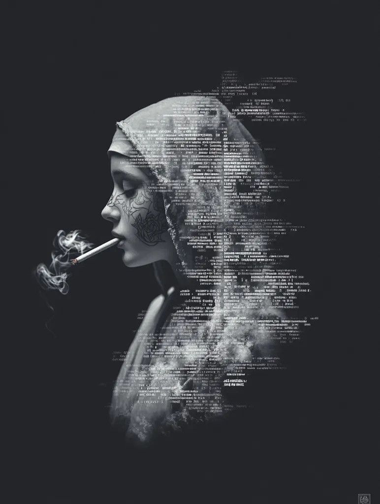 A monochrome image portrays a hooded figure, seemingly a young woman, smoking a cigarette.  Her face is partially obscured, overlaid with a translucent layer of computer code. The overall effect is one of mystery and digital anonymity, blending the human form with lines of code, suggesting a connection between technology and personal identity. The dark background enhances the somber mood.