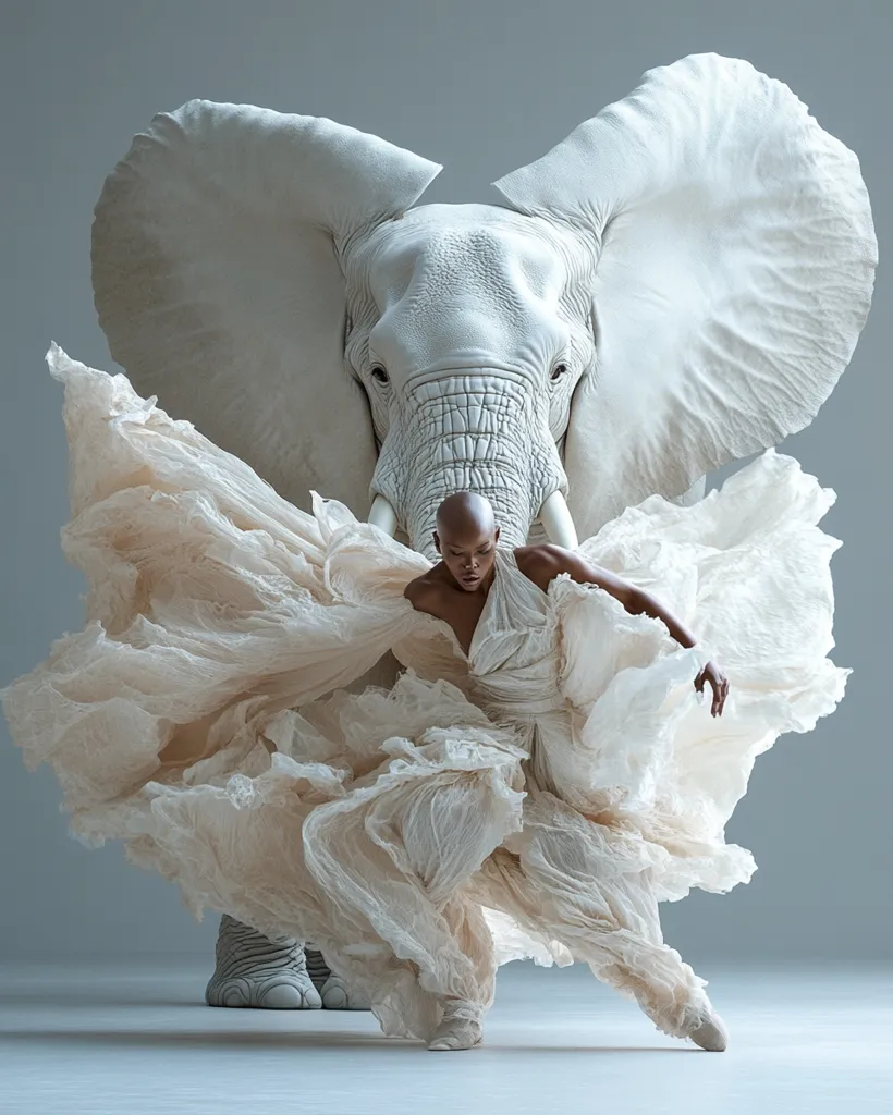 A bald, dark-skinned woman in a flowing, light beige dress dances dramatically before a large, white elephant.  The dress billows around her as she moves, creating a sense of motion and grace. The elephant stands calmly, its massive form a powerful contrast to the dancer's delicate movements.  The overall image is monochromatic, emphasizing the textures of the dress and the elephant's skin.