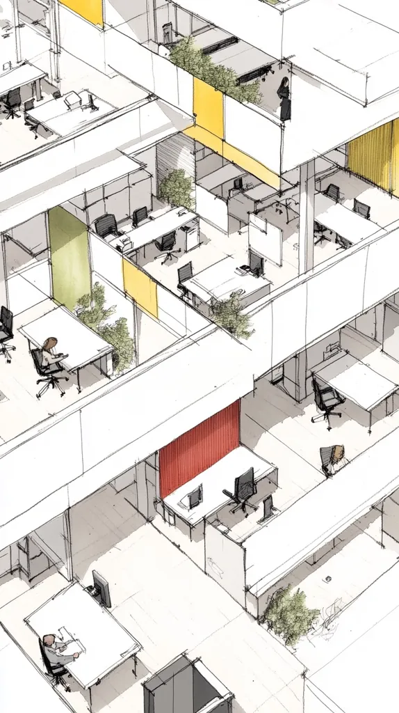 A sketch depicts a modern, multi-level office space.  Desks are arranged in open-plan cubicles, interspersed with potted plants and colored partitions.  The design features a layered, almost three-dimensional effect, with walkways and different levels visible.  Individuals are shown sitting at desks, suggesting a busy workday.  The style is loose and architectural, focusing on the spatial arrangement of the workplace.