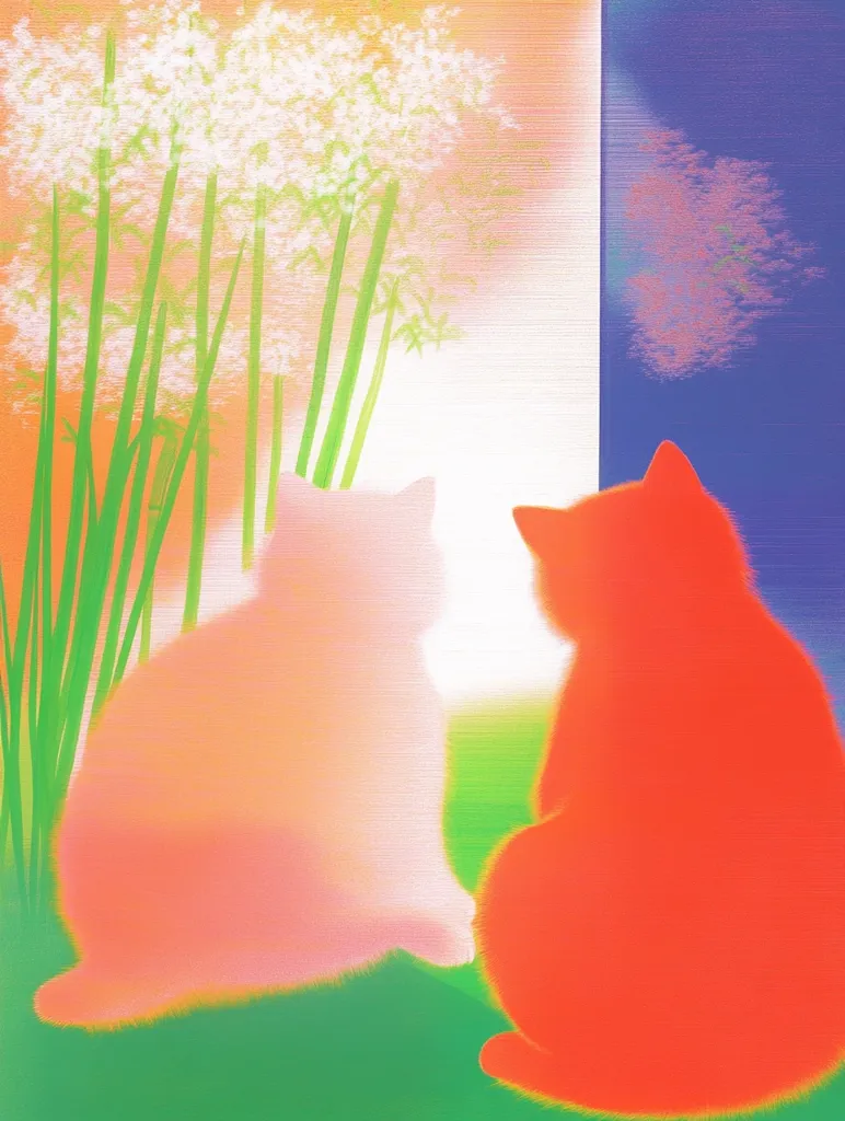 A stylized artwork depicts two cats sitting side-by-side against a vibrant backdrop. One cat is rendered in soft peach hues, while the other is a bold, saturated orange.  They are positioned before a backdrop of stylized greenery and flowers, suggesting a tranquil outdoor setting. The colors are intense and slightly blurred, giving a dreamlike, impressionistic quality to the piece.  The background features a split tone of warm yellow-orange and cool purple-blue.