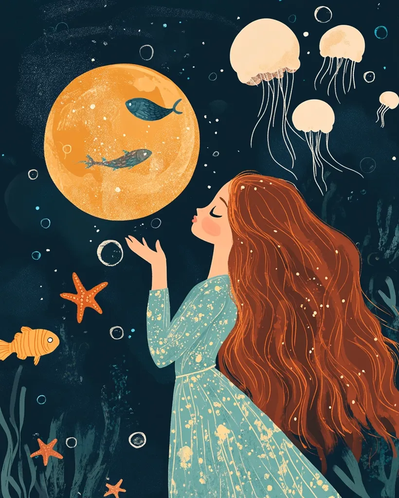 A whimsical illustration depicts a girl with long auburn hair, wearing a teal dress, gazing at a large, luminous yellow orb containing two small fish.  Surrounding her are jellyfish, starfish, and other marine life, creating an underwater scene with a dreamlike quality. The style is playful and textured, reminiscent of children's book illustrations. The overall mood is peaceful and magical.