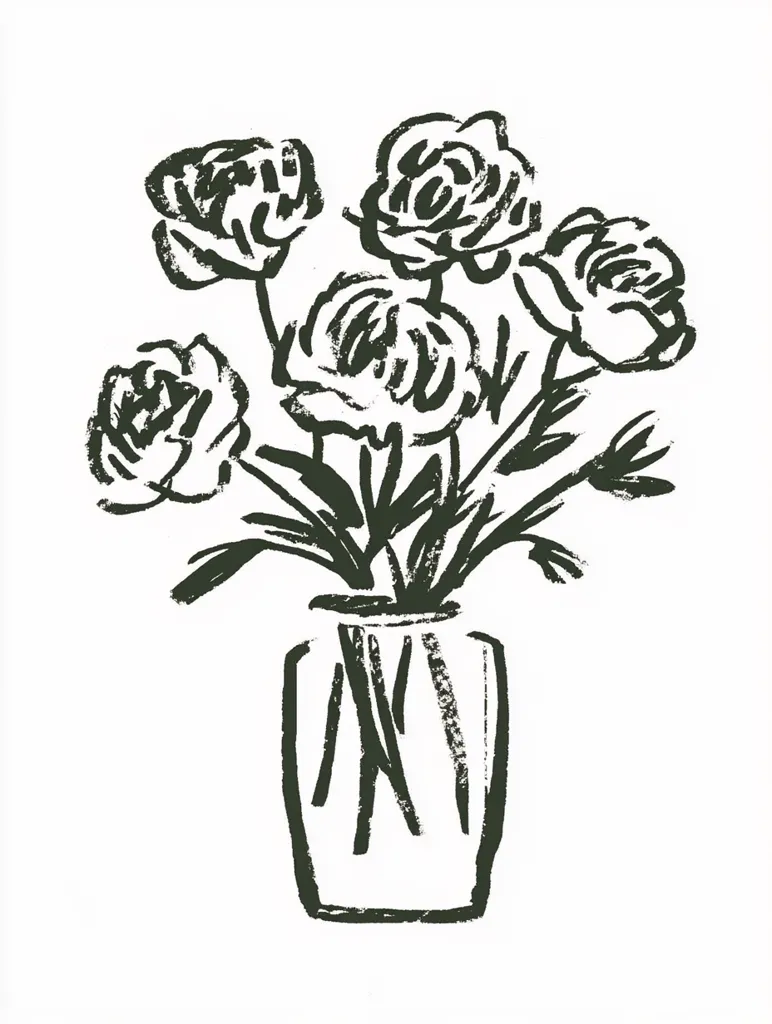 A black and white illustration depicts a bouquet of five stylized roses in a vase. The roses are rendered with bold, expressive brushstrokes, conveying a sense of movement and texture. The vase is simple, cylindrical, and seemingly glass. The overall style is loose and painterly, with a focus on capturing the essence of the flowers rather than precise detail. The image is minimalist and elegant.
