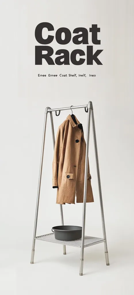 A stylish silver coat rack, part of the Ernee Ennee collection, stands against a minimalist white background.  A tan coat hangs neatly from a black hanger, and a dark gray basin sits on the rack's lower shelf. The clean lines and simple design highlight the rack's functionality and aesthetic appeal.  The image showcases a blend of practicality and modern design.