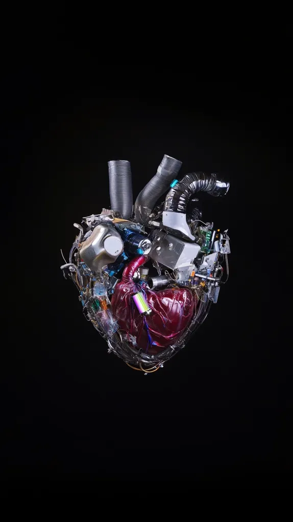 A heart-shaped sculpture constructed from various recycled materials is presented against a stark black backdrop. The artwork incorporates metallic components, tubes, wires, and seemingly repurposed electronic parts, creating a visually striking contrast between organic form and industrial elements.  The piece suggests themes of environmental consciousness or the merging of nature and technology.