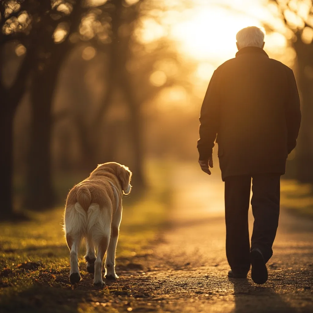 Silhouetted against the setting sun, an elderly man walks down a path, his loyal golden retriever companion trotting behind him.  The warm, golden light illuminates the scene, casting long shadows.  The tranquil atmosphere suggests a peaceful evening stroll in a park or wooded area.  The image evokes feelings of companionship and serenity.