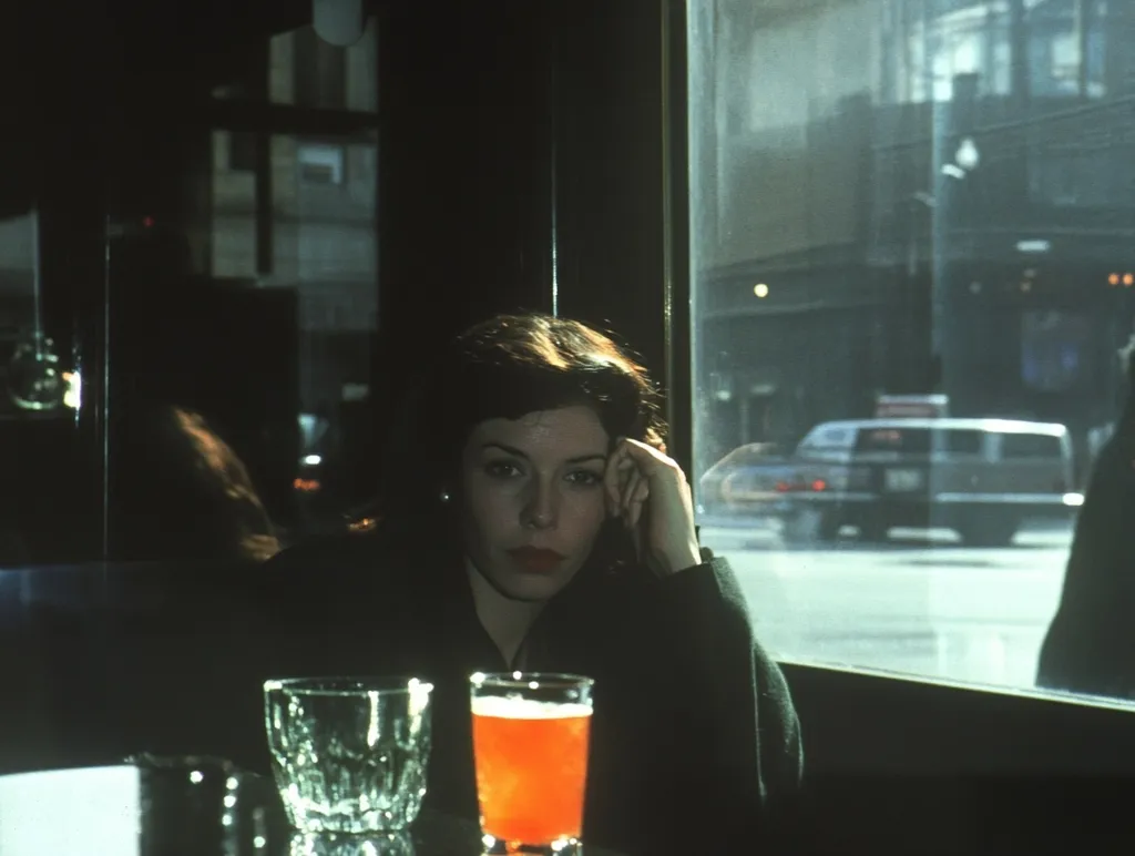 A young woman with dark hair sits alone at a table in a dimly lit restaurant or bar.  She rests her hand on her face, appearing pensive.  A glass of an orange-colored drink sits before her.  A large window behind her reveals a bright, bustling city street with cars and buildings. The atmosphere is moody and contemplative.