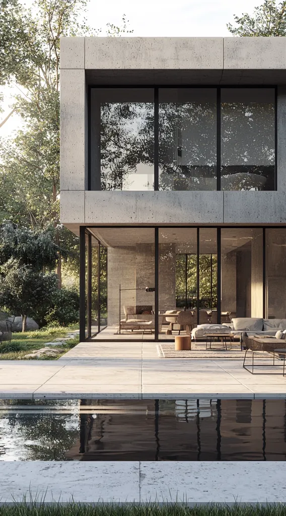 A modern, minimalist concrete house is depicted.  Large, black-framed windows offer expansive views of the surrounding lush greenery.  The interior is subtly visible, showcasing a contemporary living space with comfortable furniture.  A sleek, rectangular infinity pool extends from the house, reflecting the sky and architecture, creating a tranquil, luxurious atmosphere.  The overall design emphasizes clean lines and a seamless integration with nature.