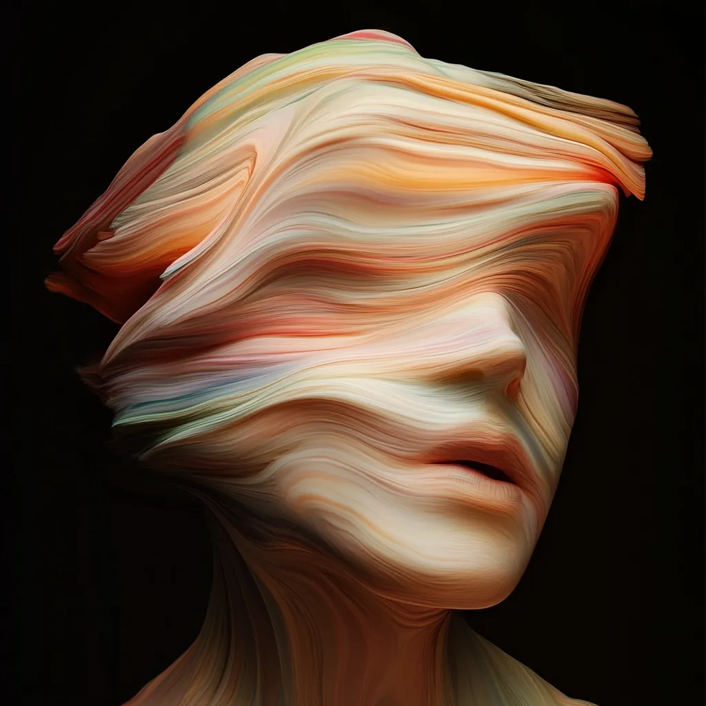 A digital artwork depicts a stylized female head and shoulders.  The face is obscured by swirling, flowing lines of pastel orange, peach, and beige, creating a sense of movement and fluidity.  The lines suggest a veiled or masked face, hinting at concealed identity or emotion. The dark background emphasizes the abstract form.
