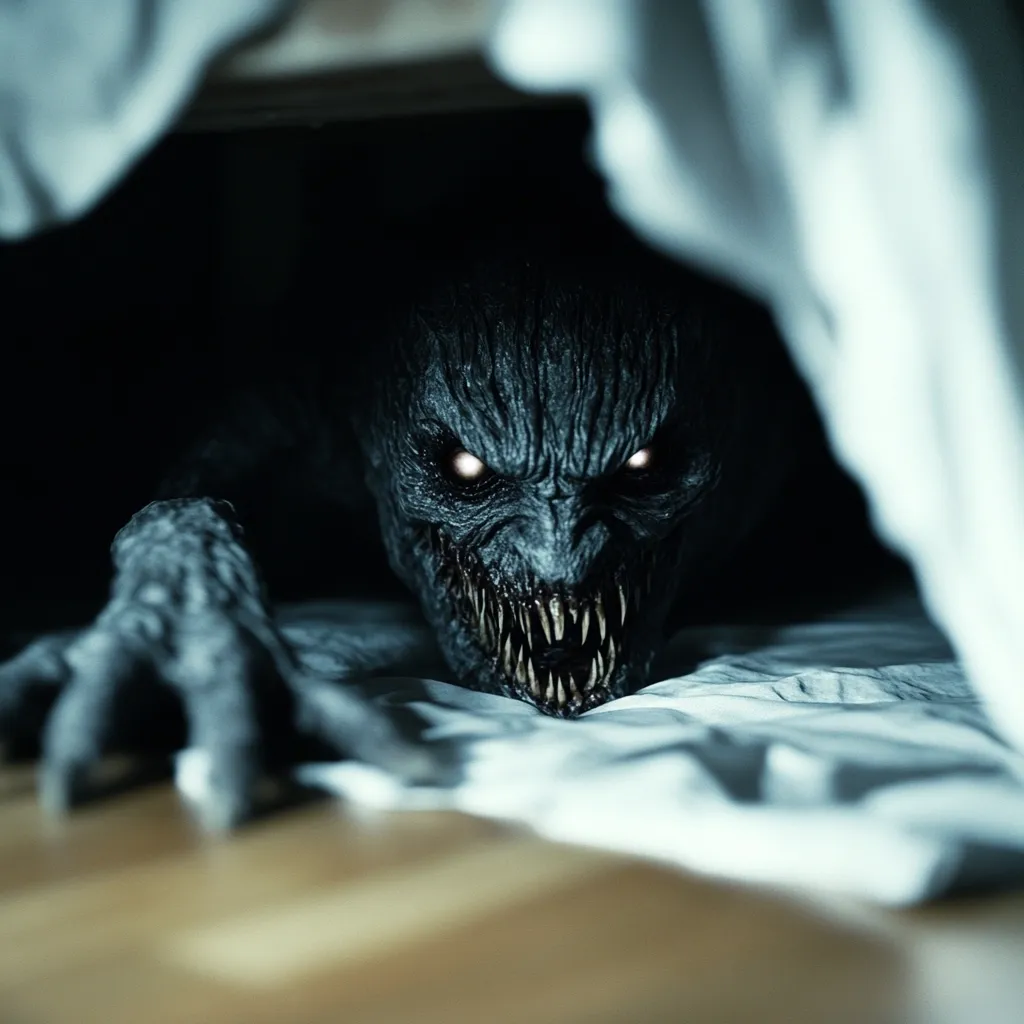 A terrifying creature with glowing eyes and sharp teeth emerges from under a bed. Its dark, textured skin and clawed hands are visible. The creature's menacing gaze and unsettling appearance create a nightmarish scene, suggesting a hidden horror lurking in the shadows.  The dimly lit room adds to the overall sense of dread and unease.