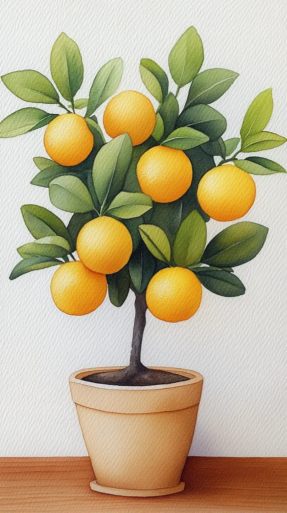 A watercolor painting depicts a small potted citrus tree laden with ripe, bright orange fruit.  The tree has lush green leaves and a dark brown trunk. It sits in a light terracotta pot on a wooden surface against a muted white background. The style is realistic, showcasing the details of the fruit's texture and the leaves' vibrancy. The overall impression is one of freshness and simple beauty.