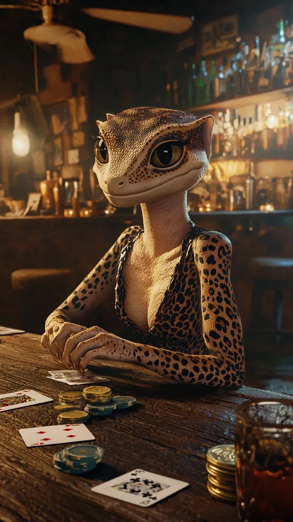 A gecko-like creature, dressed in a leopard-print dress, sits at a dimly lit wooden bar.  She leans on the table, her hands near playing cards and poker chips. The bar's back shelves are filled with liquor bottles, creating a vintage, saloon-like atmosphere.  The image is digitally rendered, showcasing a highly detailed and realistic depiction of the character and setting.
