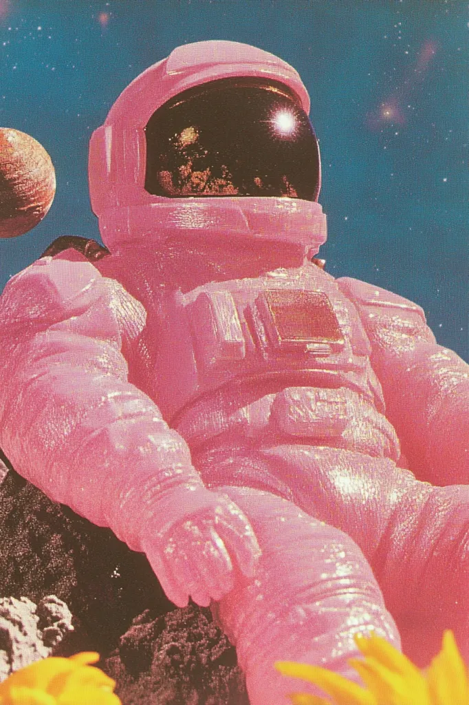 A pink astronaut, seemingly made of plastic or resin, sits on a dark, rocky surface against a backdrop of stars and a distant planet. The astronaut's suit gleams, reflecting light, and its helmet's visor shows a blurry reflection of space.  The overall aesthetic is retro and surreal, evoking a sense of playful otherworldliness. Yellow flowers partially obscure the lower right corner.