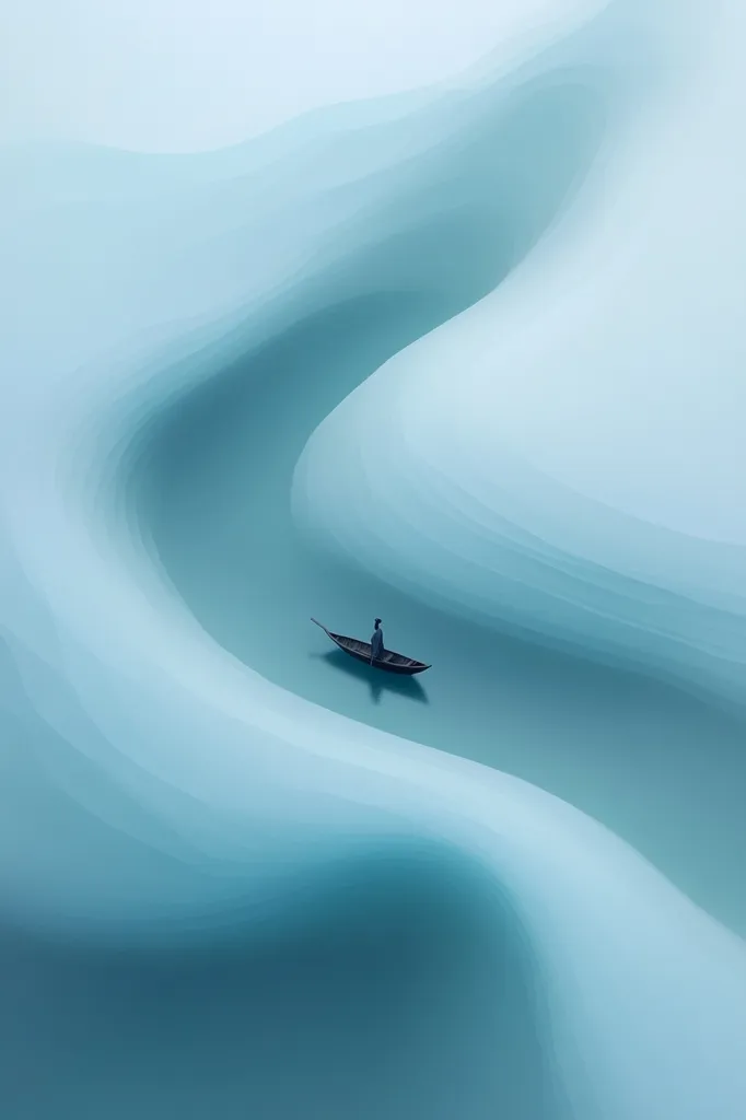 A lone figure sits in a small boat navigating a serene, turquoise waterway.  The water's surface is smooth and subtly textured, forming gentle, curving lines that create a sense of calm and isolation. The overall palette is cool and minimalist, emphasizing the peaceful solitude of the scene.  The image evokes a feeling of tranquility and introspection.