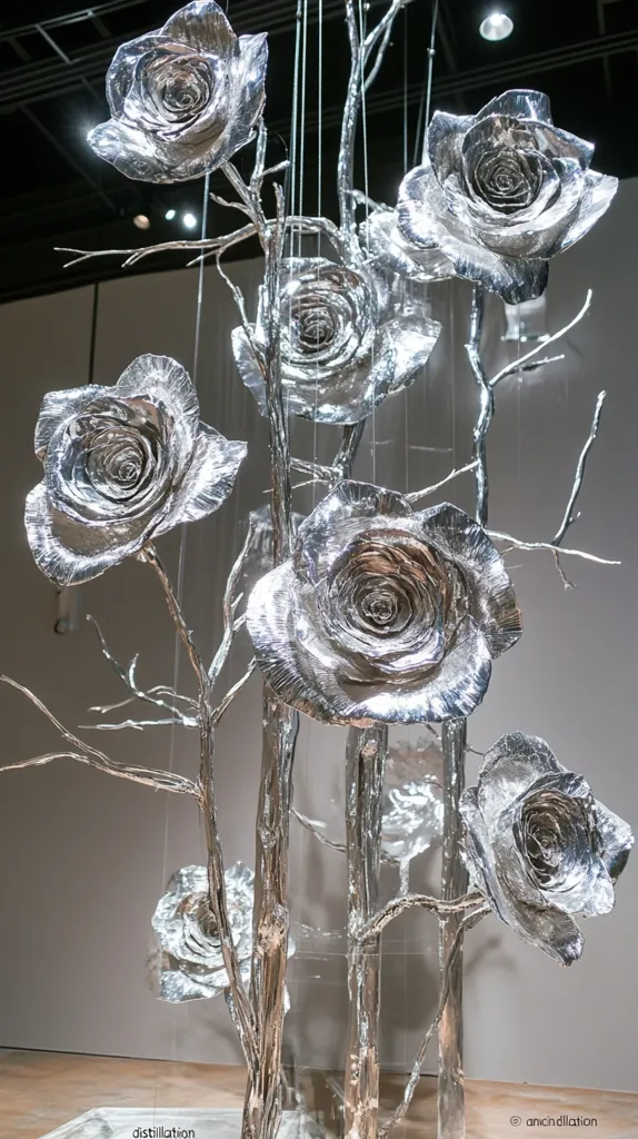 A striking art installation features multiple metallic silver roses crafted from what appears to be aluminum foil.  The roses are affixed to slender, branch-like stems, creating a tree-like structure enclosed within a clear acrylic or glass box.  The overall effect is one of delicate strength and ethereal beauty. The metallic sheen of the roses catches and reflects light, enhancing the visual impact of the piece.