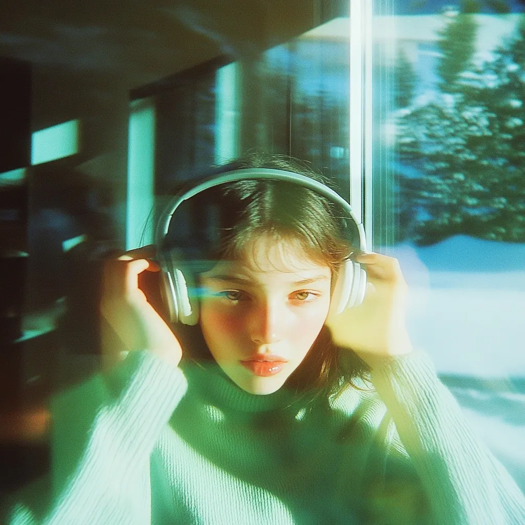A young woman with dark hair sits by a window, wearing light green sweater and white headphones. Sunlight streams through the glass, creating a dreamy, slightly blurry effect.  She appears calm and focused, lost in her music. The image has a vintage, film-like quality.  The snowy landscape outside is visible through the window.